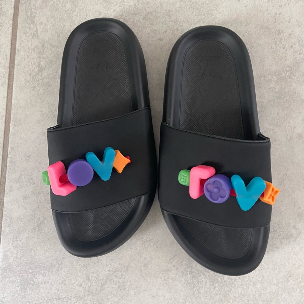 LV Black Slides w/Colorful Letters